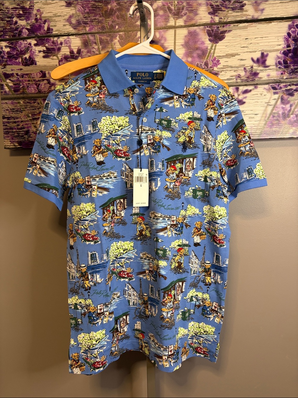 Men’s Polo by Ralph Lauren Polo Bear Blue Parisian Print Cotton Polo NWT Size S